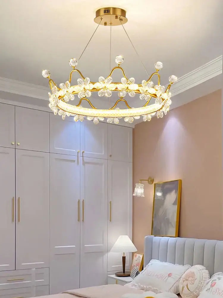 crown petal led crystal gold chandelier bedroom light