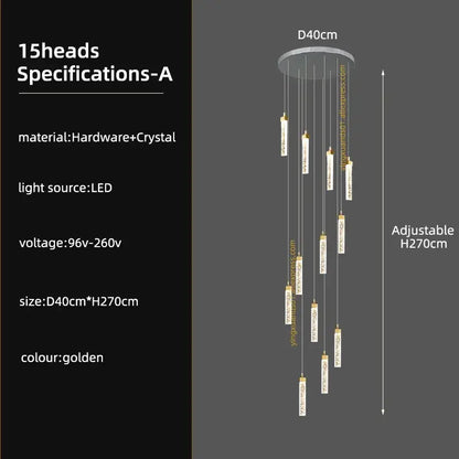 Modern gold crystal ceiling chandelier staircase light dining room