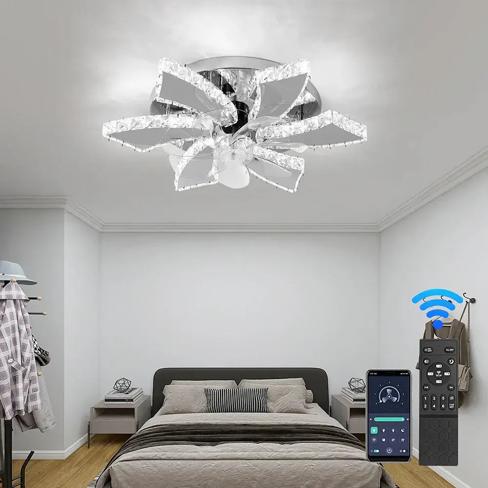 Modern silver crystal ceiling fan living room leaf chandelier