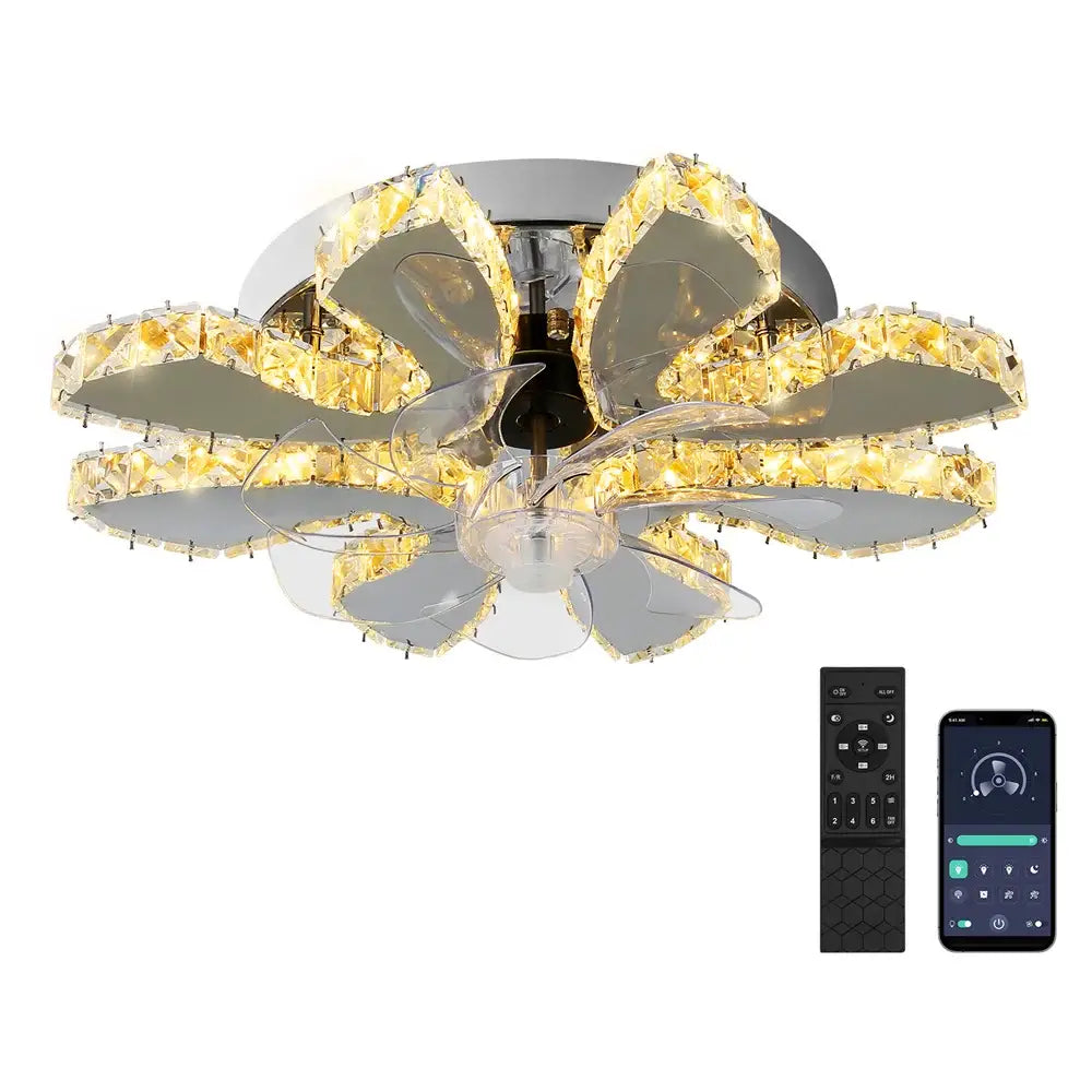 Modern silver crystal ceiling fan living room leaf chandelier