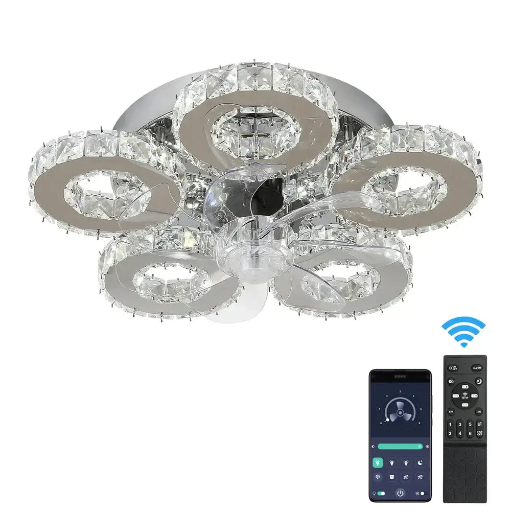 Modern silver crystal ceiling fan living room leaf chandelier