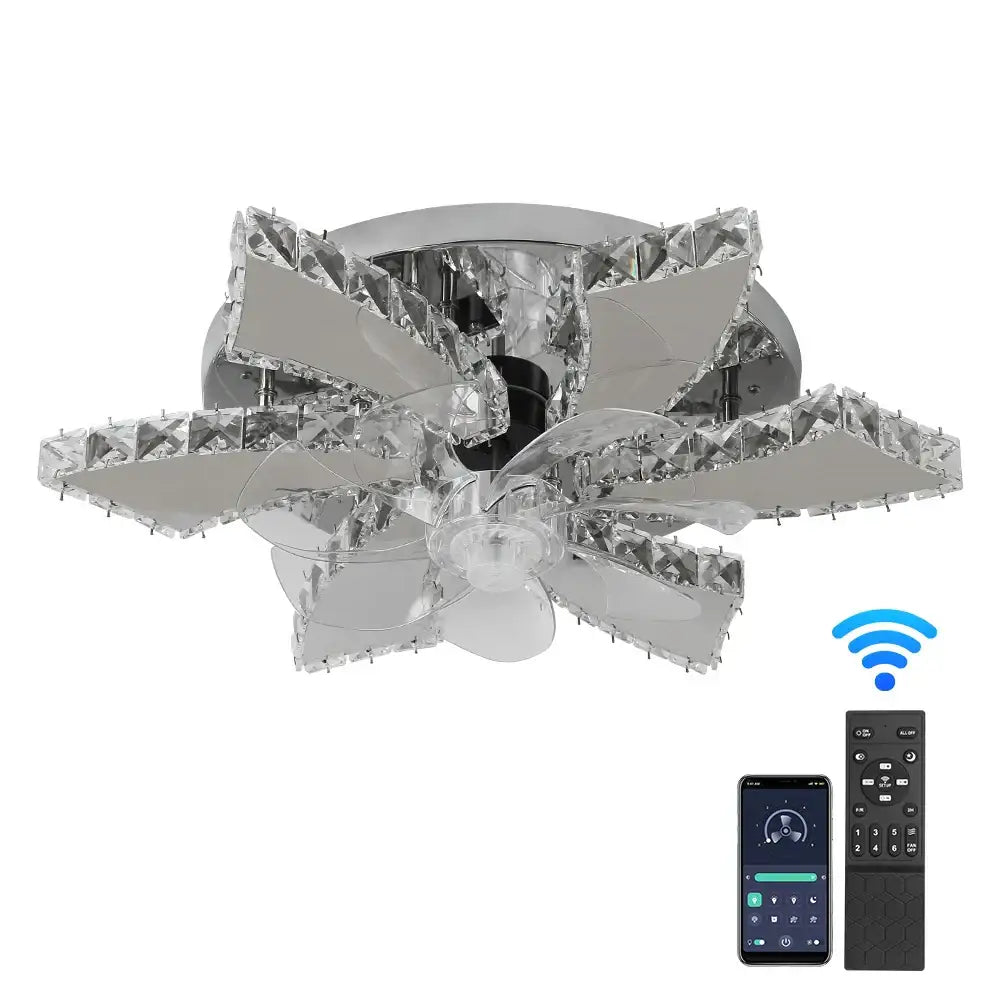 Modern silver crystal ceiling fan living room leaf chandelier