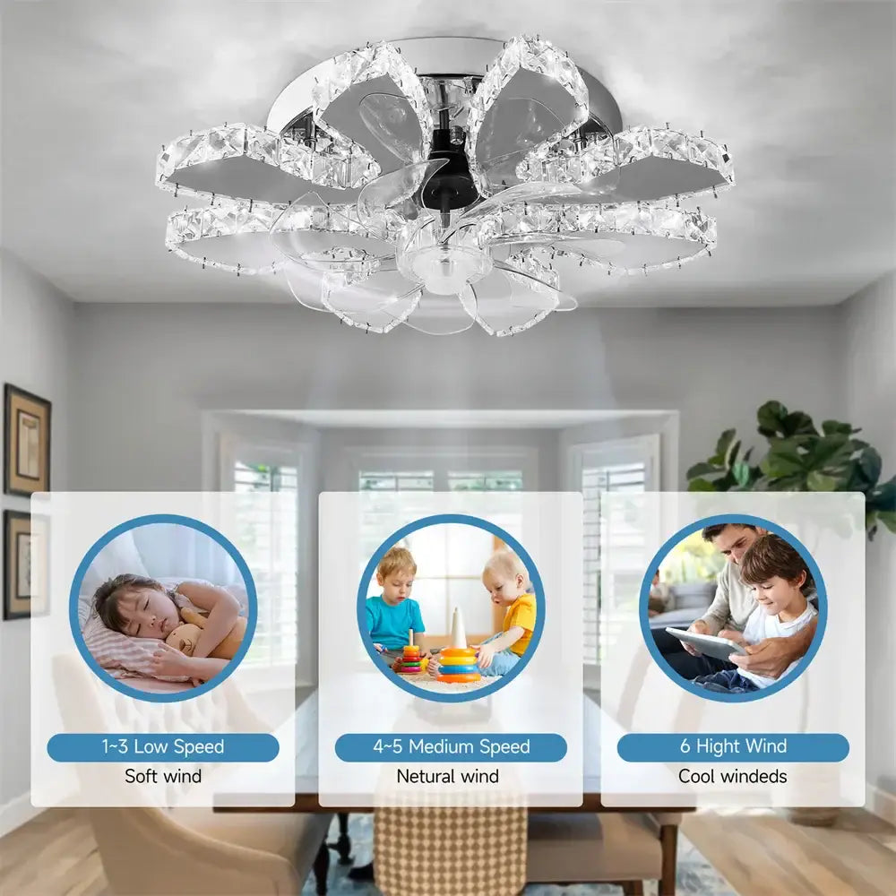Modern silver crystal ceiling fan living room leaf chandelier