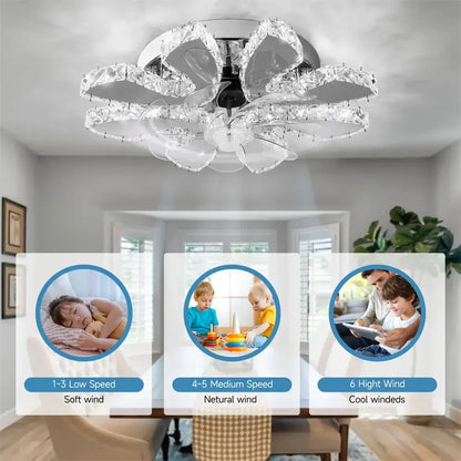Modern silver crystal ceiling fan living room leaf chandelier
