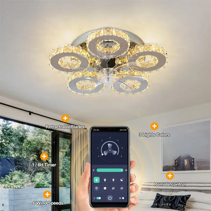 Modern silver crystal ceiling fan living room leaf chandelier