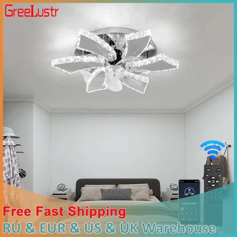 Modern silver crystal ceiling fan living room leaf chandelier