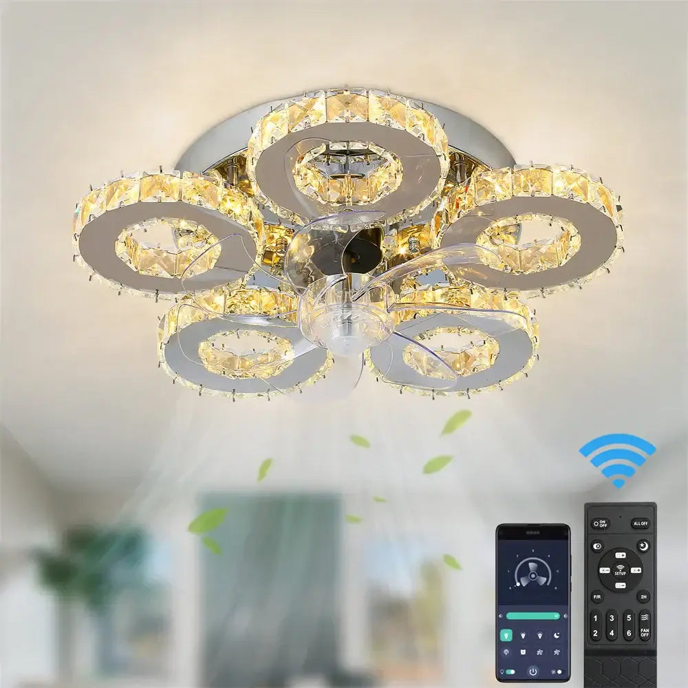 Modern silver crystal ceiling fan living room leaf chandelier