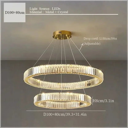 Luxury gold double ring crystal ceiling pendant chandelier dining room
