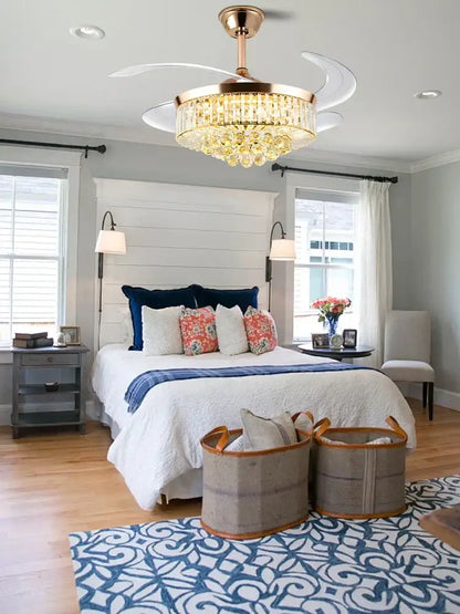 Brass crystal chandelier ceiling fan bedroom dimmable led lighting