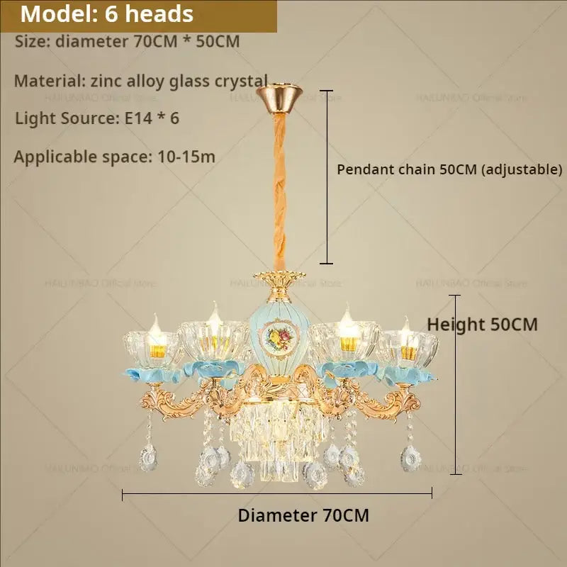 Luxe gold & blue ceramic crystal chandelier living room lighting