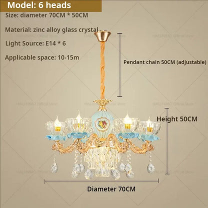 Luxe gold & blue ceramic crystal chandelier living room lighting