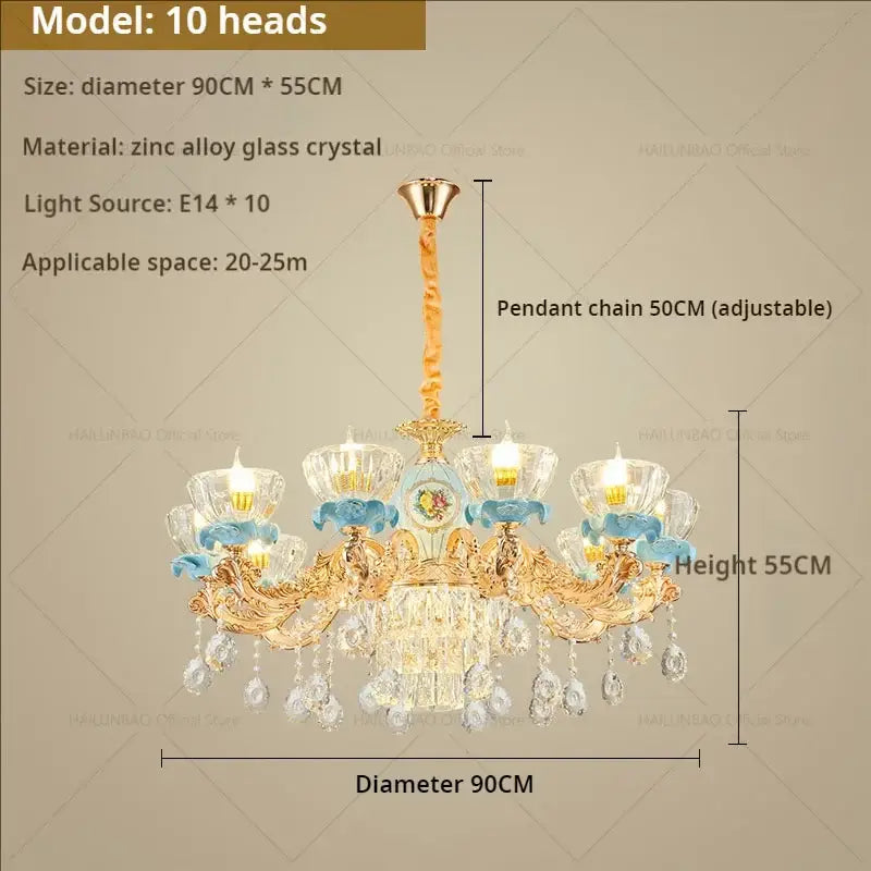 Luxe gold & blue ceramic crystal chandelier living room lighting