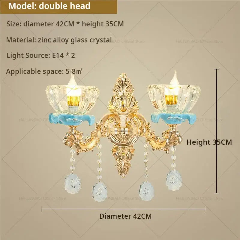 Luxe gold & blue ceramic crystal chandelier living room lighting
