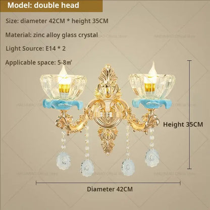 Luxe gold & blue ceramic crystal chandelier living room lighting