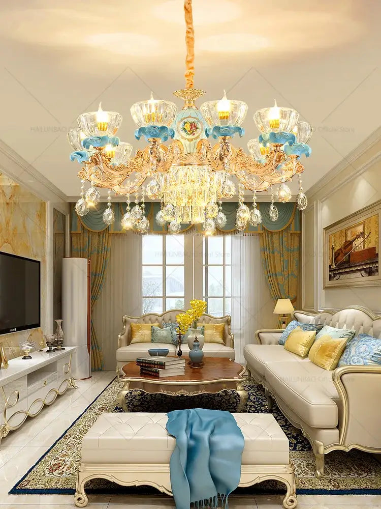 Luxe gold & blue ceramic crystal chandelier living room lighting