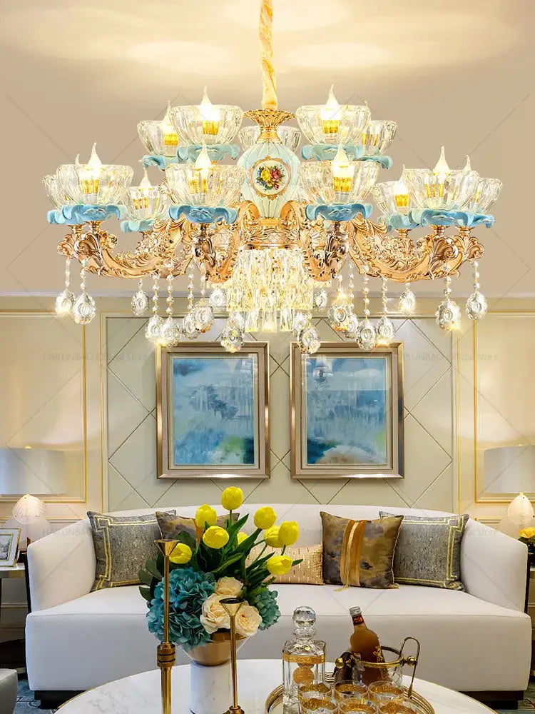 Luxe gold & blue ceramic crystal chandelier living room lighting