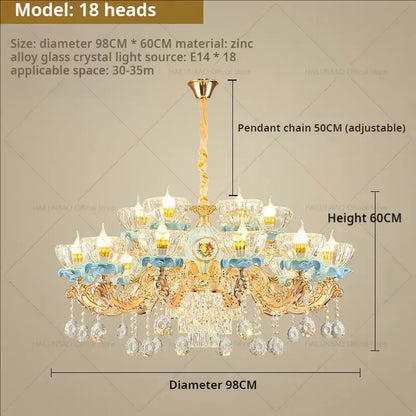 Luxe gold & blue ceramic crystal chandelier living room lighting