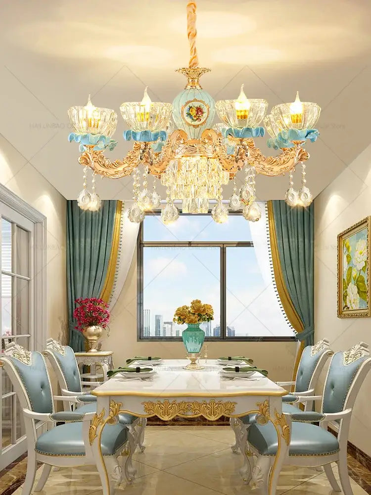 Luxe gold & blue ceramic crystal chandelier living room lighting