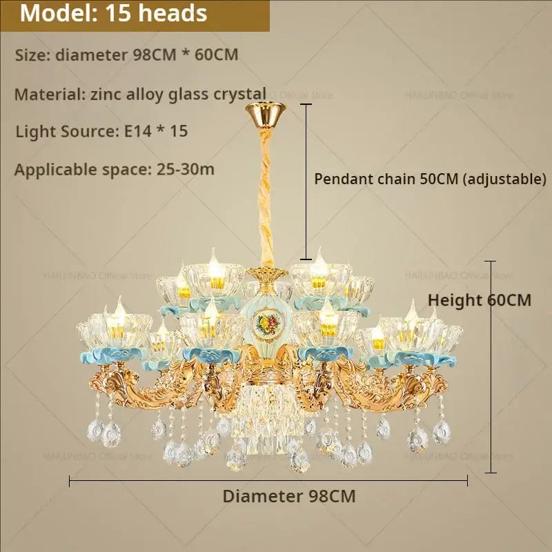 Luxe gold & blue ceramic crystal chandelier living room lighting