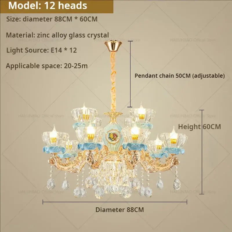 Luxe gold & blue ceramic crystal chandelier living room lighting