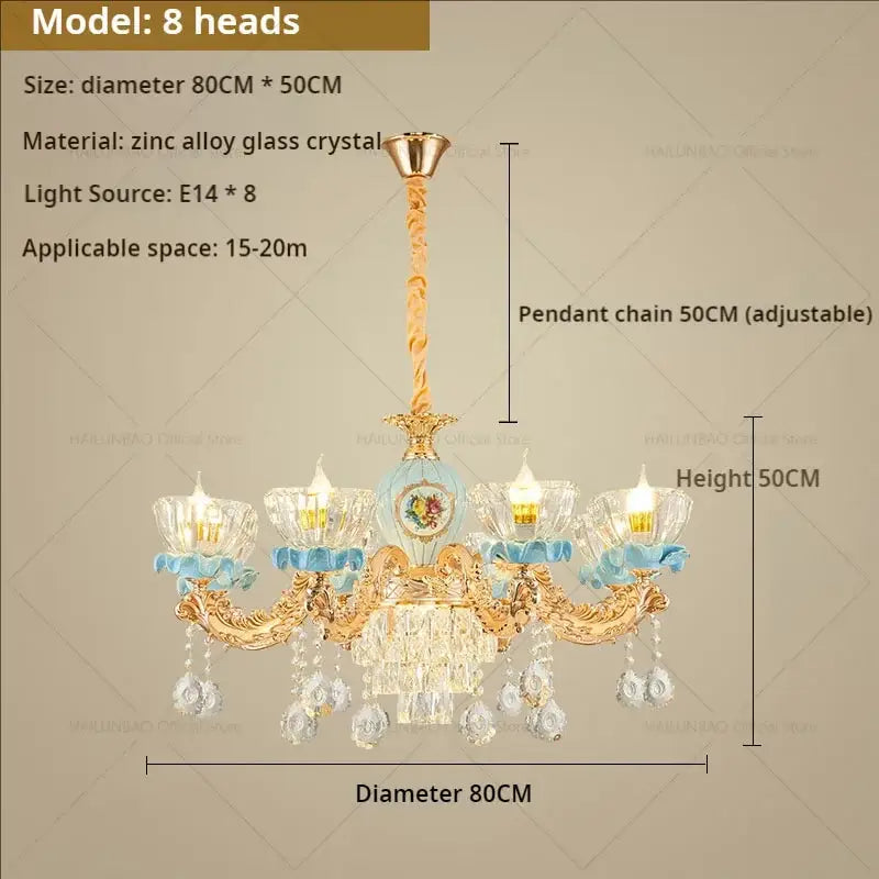 Luxe gold & blue ceramic crystal chandelier living room lighting