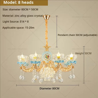 Luxe gold & blue ceramic crystal chandelier living room lighting