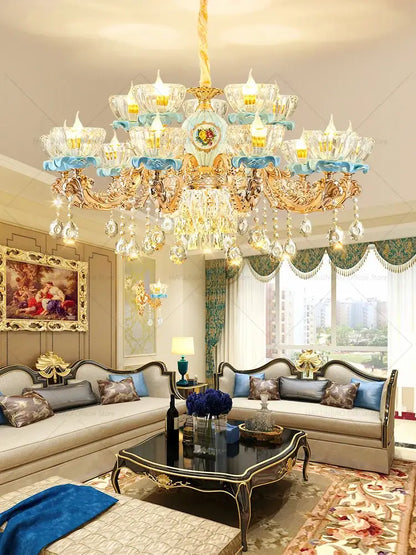 Luxe gold & blue ceramic crystal chandelier living room lighting