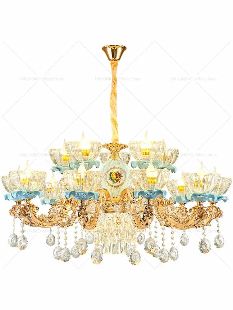 Luxe gold & blue ceramic crystal chandelier living room lighting