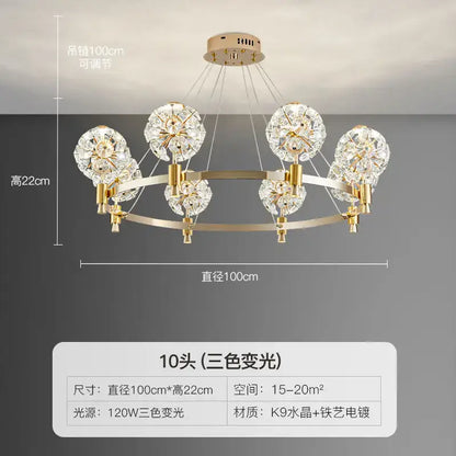Gold crystal chandelier dandelion sphere light for living room