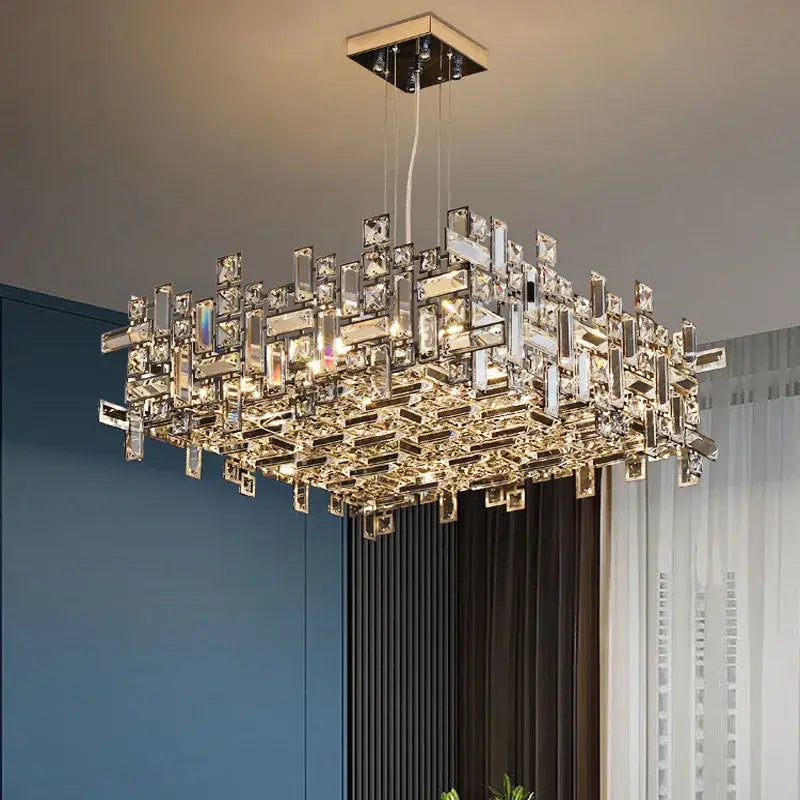 Modern square gold and clear crystal chandelier living room