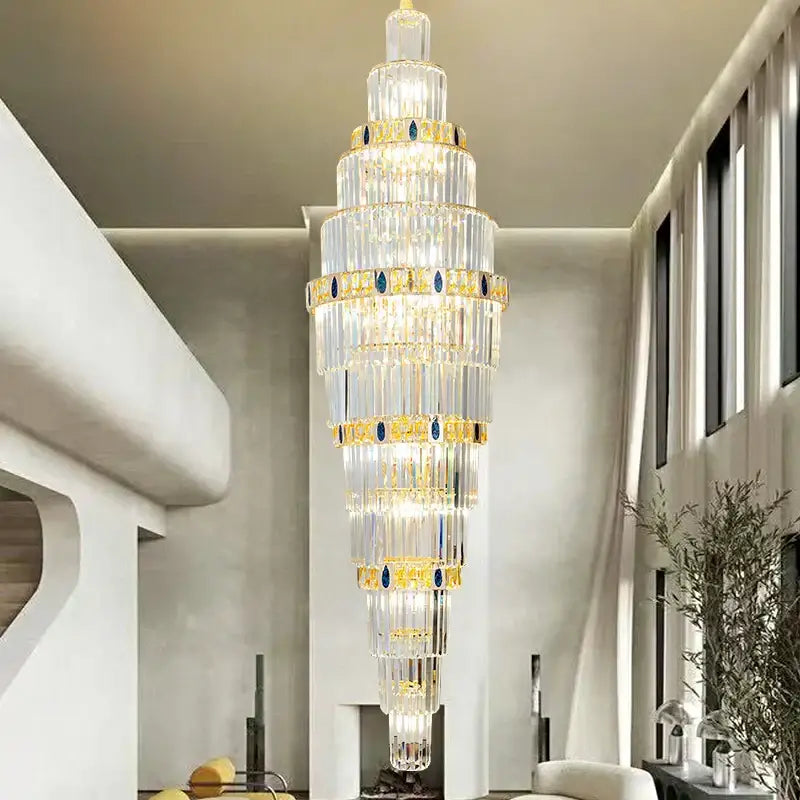 Modern spiral gold and blue crystal chandelier staircase light luxury