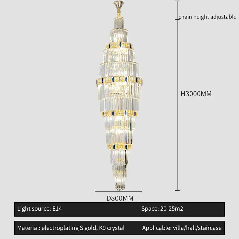 Modern spiral gold and blue crystal chandelier staircase light luxury