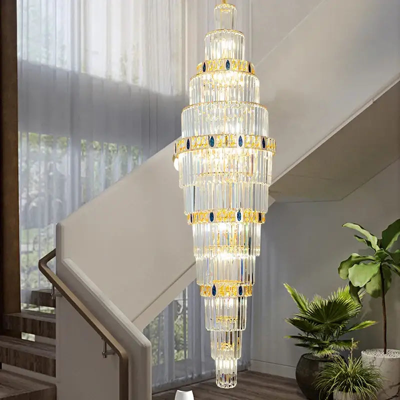 Modern spiral gold and blue crystal chandelier staircase light luxury