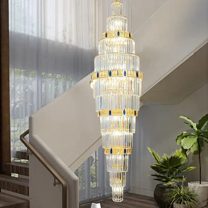 Modern spiral gold and blue crystal chandelier staircase light luxury