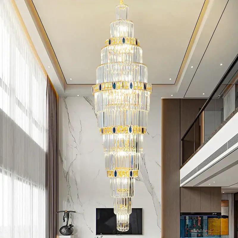 Modern spiral gold and blue crystal chandelier staircase light luxury