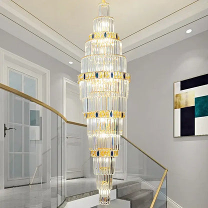 Modern spiral gold and blue crystal chandelier staircase light luxury