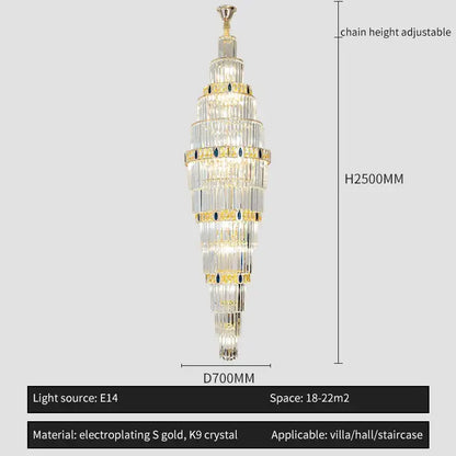 Modern spiral gold and blue crystal chandelier staircase light luxury