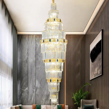 Modern spiral gold and blue crystal chandelier staircase light luxury