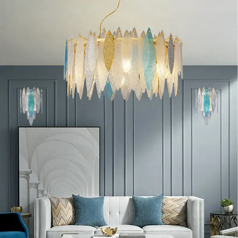 Modern gold & blue leaf crystal chandelier dining room light
