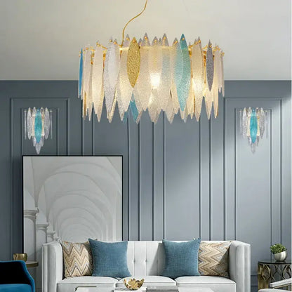Modern gold & blue leaf crystal chandelier dining room light