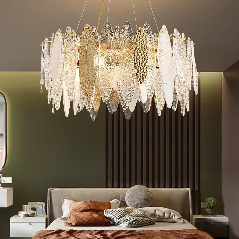 Modern gold & blue leaf crystal chandelier dining room light