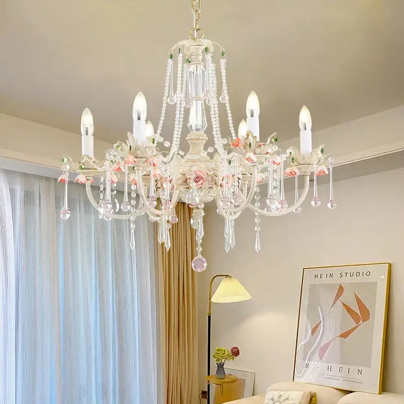 French style white and pink crystal chandelier dining room light