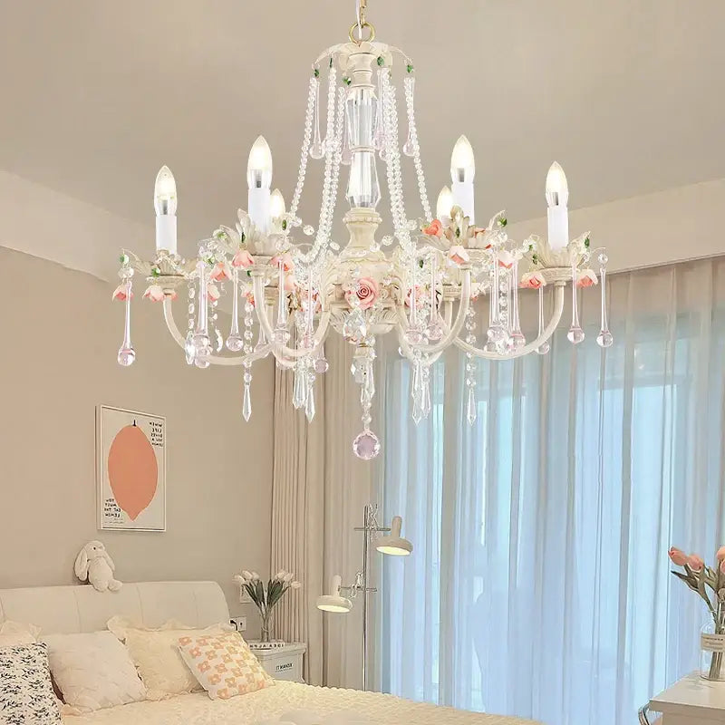 French style white and pink crystal chandelier dining room light