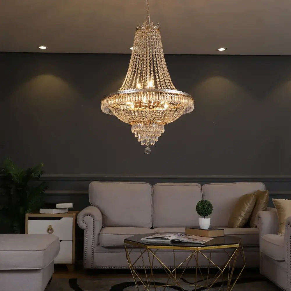 Ornate silver multi tier crystal chandelier living room