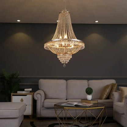 Ornate silver multi tier crystal chandelier living room