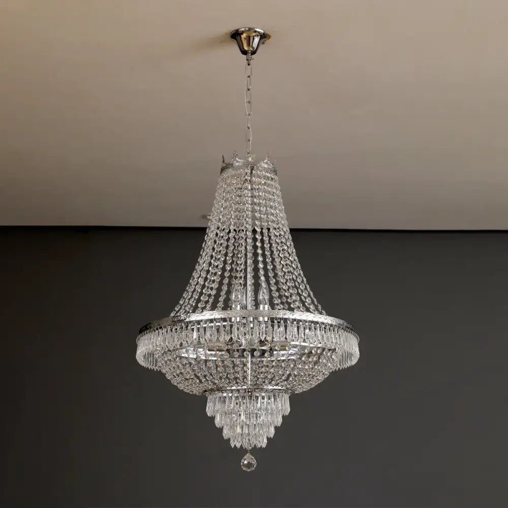 Ornate silver multi tier crystal chandelier living room