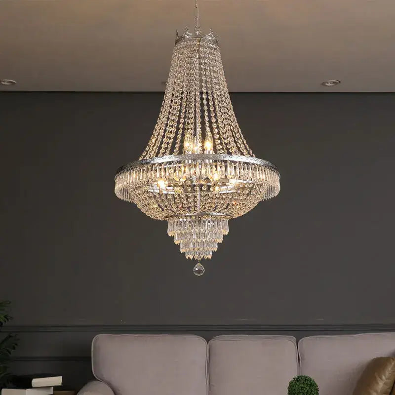 Ornate silver multi tier crystal chandelier living room