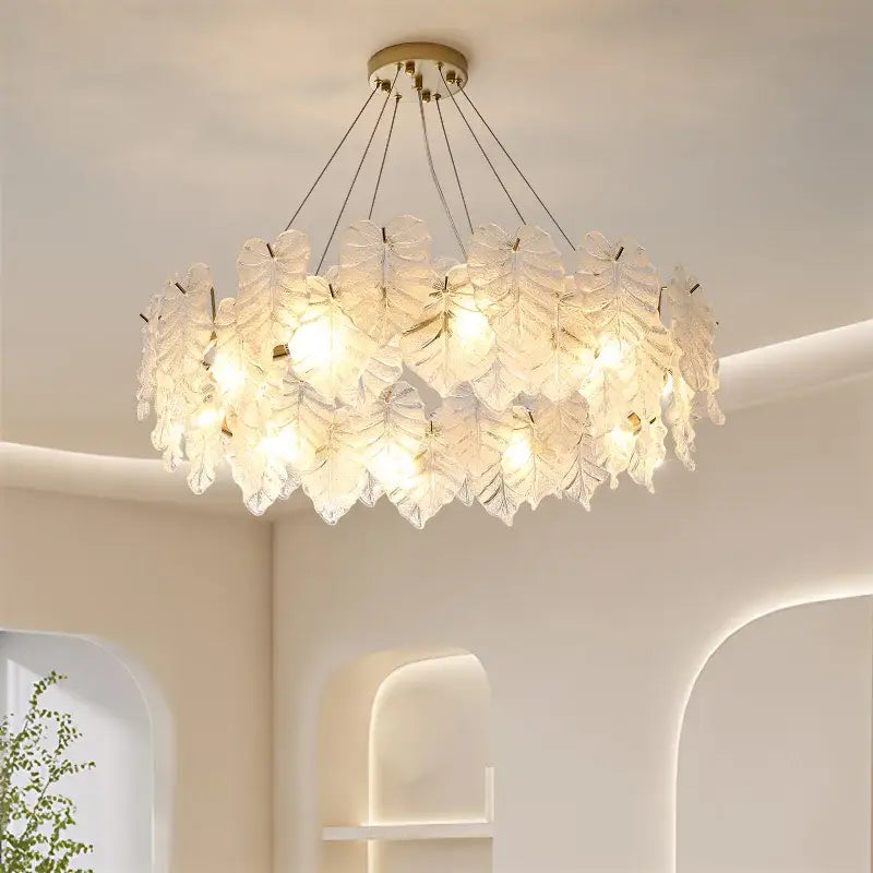 Elegant white leaf crystal chandelier for living room gold mount