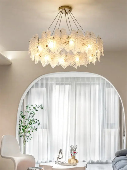 Elegant white leaf crystal chandelier for living room gold mount