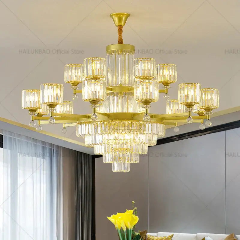 crystal chandelier golden multi tiered living room lamp